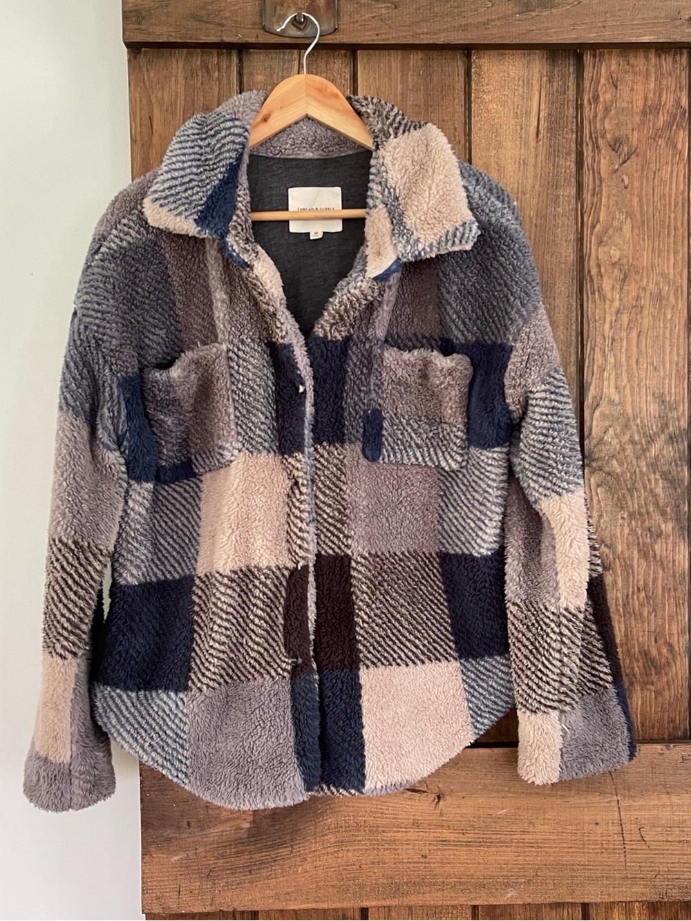 Thread & Supply Teddy Bear Plush Plaid Neutral Tones Shacket Medium Cabincore